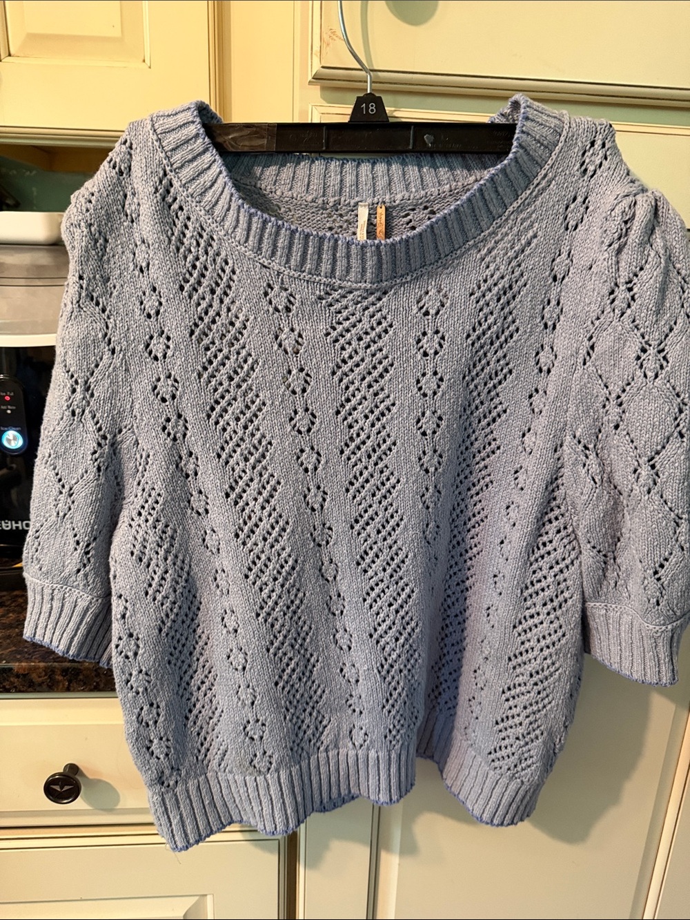 Free People Heathered Light Blue Openwork Scoop Neck Sweater